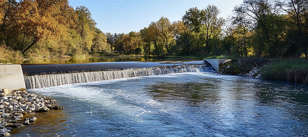 Poster clean river system featuring environmentally friendly turbines designed to support fish migration an