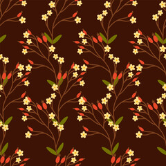 Seamless autumn vector pattern with dried flowers, fall leaves, cranberries. Cozy design for seasonal fabric, wrapping paper, Thanksgiving textiles, and home decor