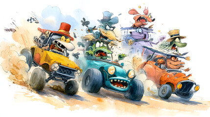 funny cartoon characters racing in wacky cars