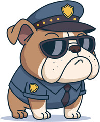 Fototapeta premium Cute Cartoon Bulldog Police Dog in Uniform with Sunglasses – Funny Vector Mascot Character Illustration