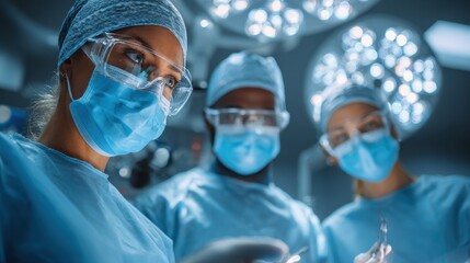 Surgeons wearing masks and safety glasses in bright Operating Room prepare for Surgical Procedure during daytime