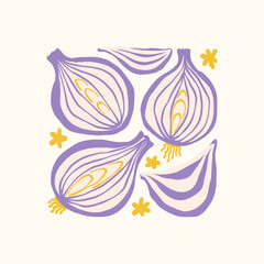 Obraz premium Abstract fruits and vegetables elements. Modern trendy minimalist. Healthy Food. Hand drawn design for wallpaper, wall decor, print, postcard, cover, template, banner.
