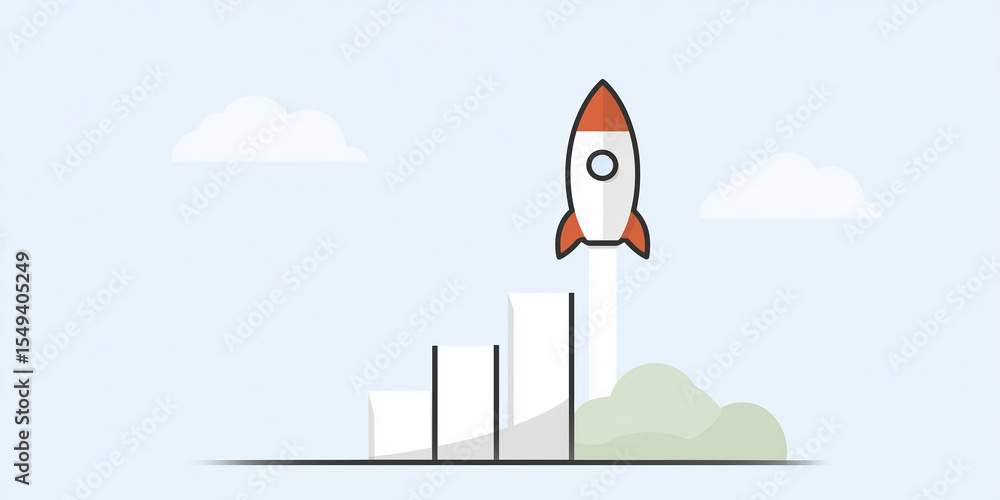 Poster rocket launching into the sky, symbolizing growth and innovation, with a backdrop of clouds and a ri