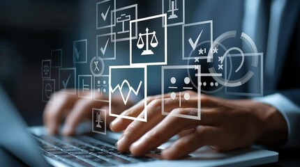 Corporate Compliance and Regulation: A businessman using a laptop to manage legal regulations and company policy on a virtual screen with a checklist. Looping video.