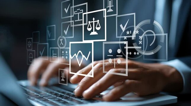 Corporate Compliance and Regulation: A businessman using a laptop to manage legal regulations and company policy on a virtual screen with a checklist. Looping video.