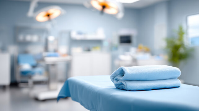 Serene operating room modern hospital with surgical table focus. clean blue towel bed. Medical equipment and bright light blurred background. sterile and professional healthcare setting
