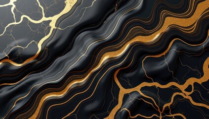Background, liquid marble, gold and black. AI generative.