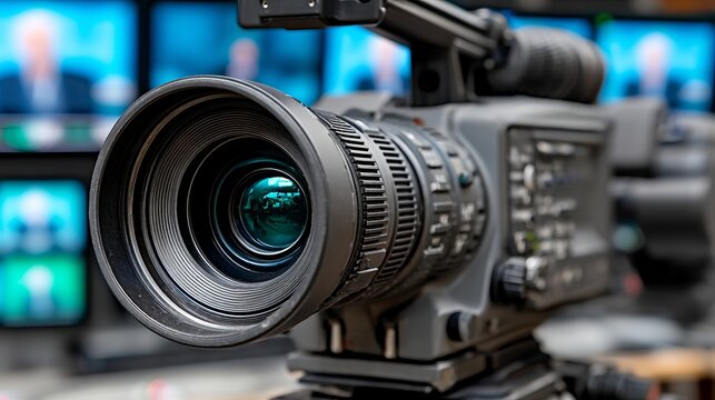 Professional video camera with large lens ready for filming or broadcasting