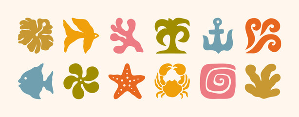 Boho Groovy Summer Icons in Retro Style. Vector Abstract Square Tropical Illustrations in Freehand. Geometric Bird, Sun, Sea Wave, Palm, Flower, Crab, Fish for Logo, Patterns, T-Shirt Print, Stickers