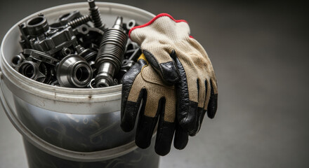 Protective work gloves resting on a bucket filled with assorted metal machine parts in a workshop setting