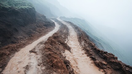 Winding dirt paths cut through misty mountains, revealing the raw beauty and rugged terrain that invites exploration and contemplation in nature's embrace.