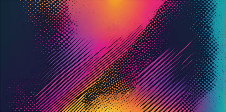 Abstract colourful rainbow background with a halftone pattern design featuring dots, circles, and light waves for a vibrant digital art wallpaper