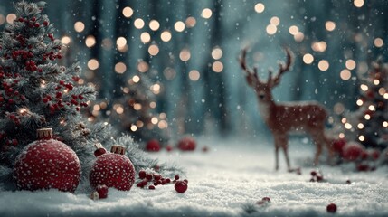 Enchanting christmas forest scene with deer and sparkling decorations
