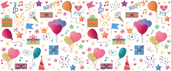 Vector seamless pattern with balloons, stars, gift boxes and hearts. Perfect for wrapping paper, holiday designs and textiles. Joyful festive background for birthday and New Year, Valentine's Day.
