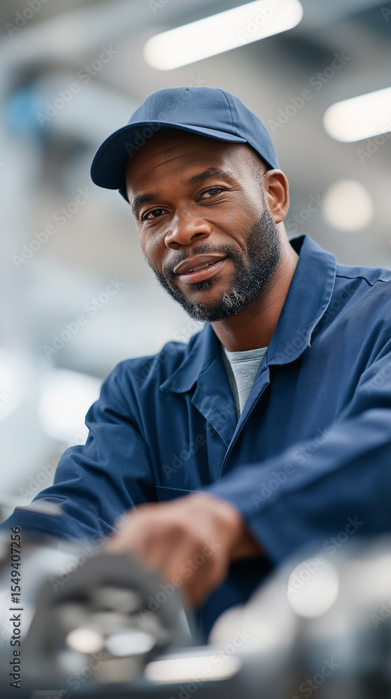 Poster skilled worker changing toolset on lathe machine in workshop