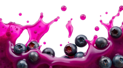 Splashing purple juice with blueberries isolated on transparent background
