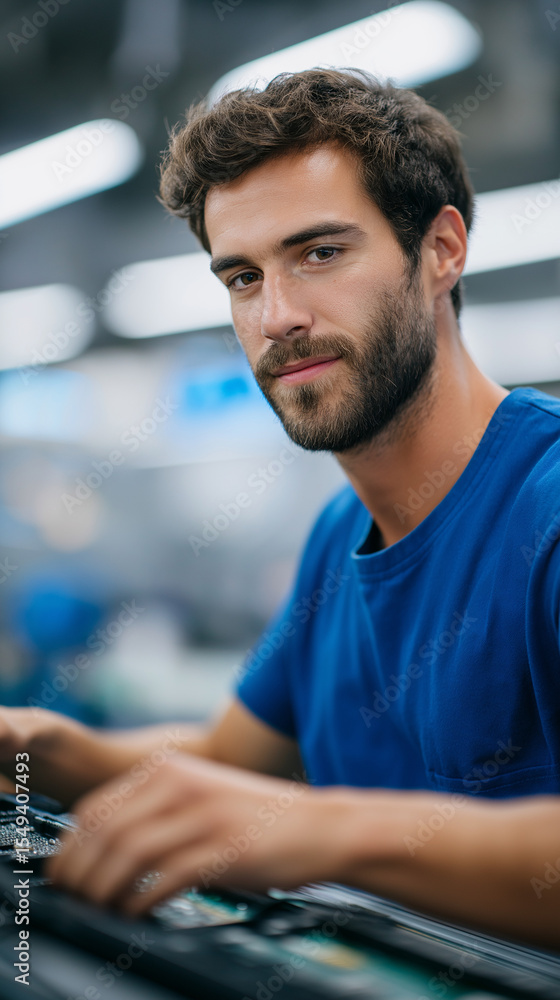 Poster manual worker assembling electronic parts on an assembly line in factory