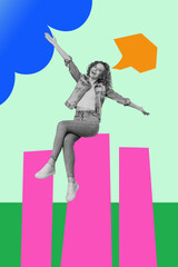 3d poster image vertical pop art collage of happy manager girl guy stand chart bubble development...