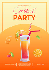 A design template for an invitation to a cocktail party. Tequila sunrise cocktail in a glass, orange slice, cherry, zest. The concept of a party, holiday, birthday. Vector illustration in A4 format