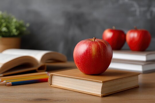 A red apple atop a brown book with open books pencils  other apples in the background on a wooden desk - Powered by Adobe