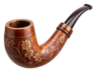 Hand-Carved Clay Smoking Pipe with Floral Motif and Long Stem, Top View, isolated on a transparent background