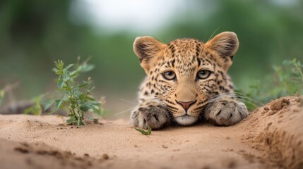 Obraz premium Young leopard peeking from sand