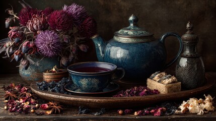 Still life of floral tea in glass teapot with orange, lemons, rosemary, and spices