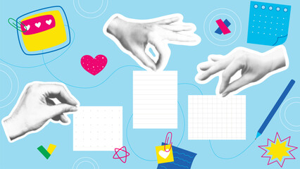 Contemporary collage making notes. Set of hands halftone holding sheets of paper, on background of stationery, pins and stickers. Horizontal banner retro collage style, vector graphics