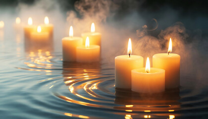 Several burning wax pillars on a calm liquid surface with steam in the background, soft tones, calm environment, low contrast
