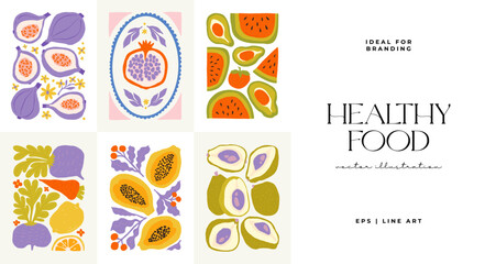 Abstract fruits and vegetables elements. Modern trendy minimalist. Healthy Food. Hand drawn design for wallpaper, wall decor, print, postcard, cover, template, banner.