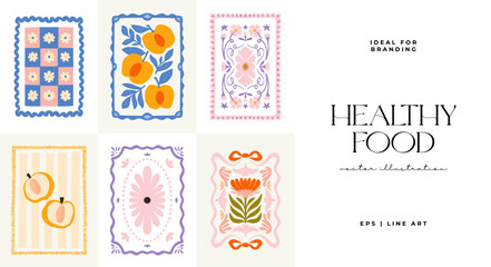 Abstract fruits and vegetables elements. Modern trendy minimalist. Healthy Food. Hand drawn design for wallpaper, wall decor, print, postcard, cover, template, banner.