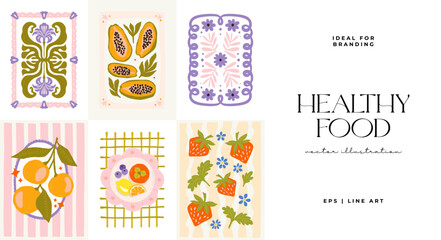 Abstract fruits and vegetables elements. Modern trendy minimalist. Healthy Food. Hand drawn design for wallpaper, wall decor, print, postcard, cover, template, banner.