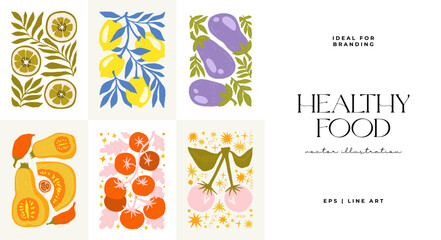 Abstract fruits and vegetables elements. Modern trendy minimalist. Healthy Food. Hand drawn design for wallpaper, wall decor, print, postcard, cover, template, banner.