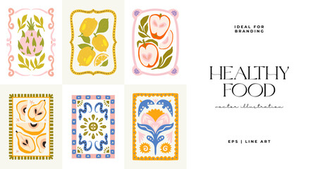 Abstract fruits and vegetables elements. Modern trendy minimalist. Healthy Food. Hand drawn design for wallpaper, wall decor, print, postcard, cover, template, banner.