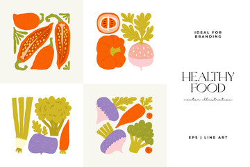 Abstract fruits and vegetables elements. Modern trendy minimalist. Healthy Food. Hand drawn design for wallpaper, wall decor, print, postcard, cover, template, banner.