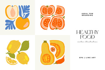 Abstract fruits and vegetables elements. Modern trendy minimalist. Healthy Food. Hand drawn design for wallpaper, wall decor, print, postcard, cover, template, banner.