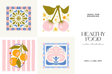 Abstract fruits and vegetables elements. Modern trendy minimalist. Healthy Food. Hand drawn design for wallpaper, wall decor, print, postcard, cover, template, banner.