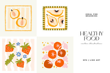 Abstract fruits and vegetables elements. Modern trendy minimalist. Healthy Food. Hand drawn design for wallpaper, wall decor, print, postcard, cover, template, banner.