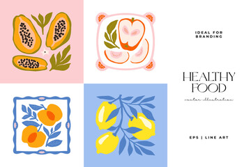 Abstract fruits and vegetables elements. Modern trendy minimalist. Healthy Food. Hand drawn design for wallpaper, wall decor, print, postcard, cover, template, banner.