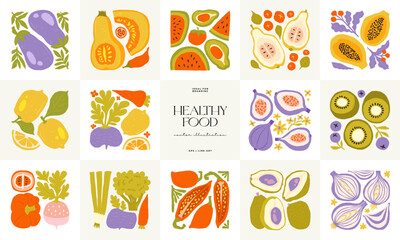 Abstract fruits and vegetables elements. Modern trendy minimalist. Healthy Food. Hand drawn design for wallpaper, wall decor, print, postcard, cover, template, banner.