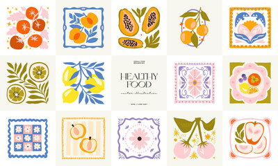 Abstract fruits and vegetables elements. Modern trendy minimalist. Healthy Food. Hand drawn design for wallpaper, wall decor, print, postcard, cover, template, banner.
