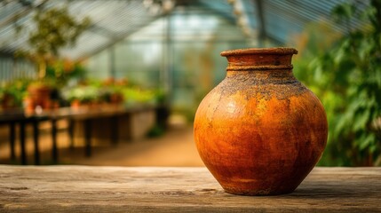 Rustic terracotta pot in warm orange with unglazed finish on a softly blurred greenhouse backdrop