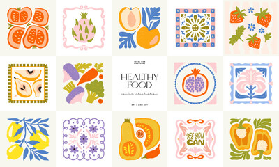 Abstract fruits and vegetables elements. Modern trendy minimalist. Healthy Food. Hand drawn design for wallpaper, wall decor, print, postcard, cover, template, banner.