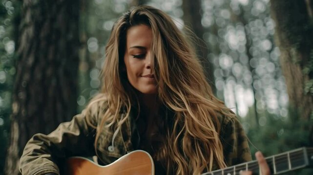 Young Woman Playing Guitar in the Forest