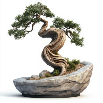 Twisted bonsai with a rugged, ancient look in a gray stone container on a white background