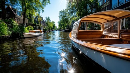 Obraz premium A serene view of a picturesque canal adorned with charming boats and lush greenery, symbolizing tranquility and the beauty of nature intertwined with urban settings.