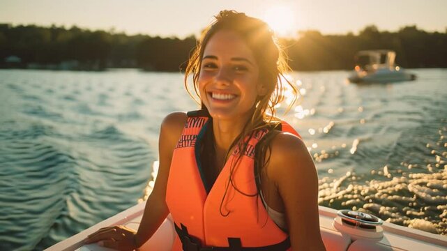 Young Woman Smiling in a Motorboat with Life Jacket