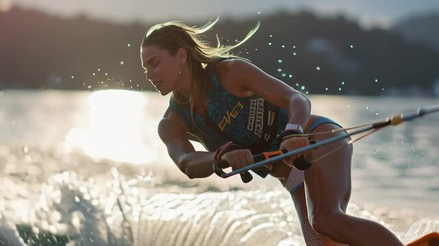 Young Girl Waterskiing Across the Lake