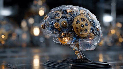 AI generated image of a translucent mechanical brain with gears and circuits glowing in gold and blue light on a sleek black pedestal in a sci-fi lab ... Se .
