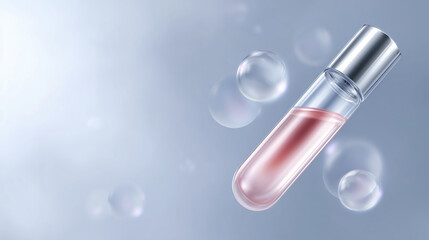 Transparent cosmetic bottle with pink liquid is floating among bubbles against a soft gray background, showcasing beauty product design and elegance in skincare